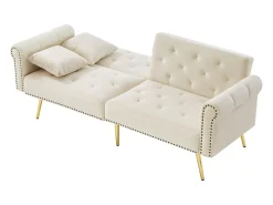 Sofá cama recto de 2 plazas en terciopelo beige, respaldo abatible en 3 posiciones - 173x75x70cm