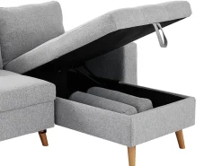 Sofá cama rinconera reversible de tela gris claro con arcón KORI