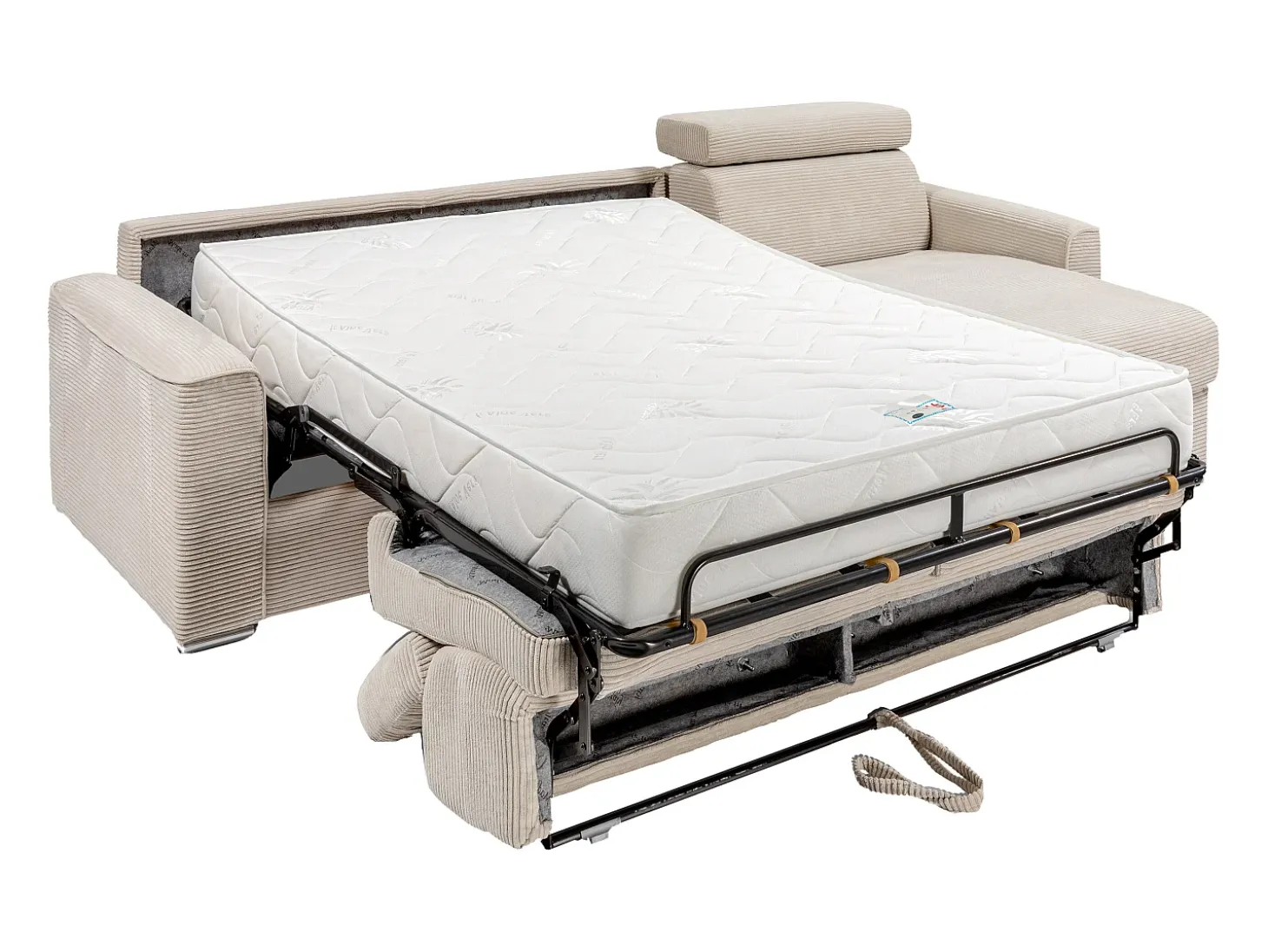 Sofá cama rinconera tipo italiano de pana beige - Colchón de láminas de 160 cm VIZIR