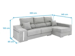 Sofá chaise longue Oscar derecha con arcón y puffs gris 263x100x85 cm