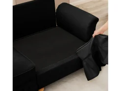 Sofá chesterfield 2 plazas en felpa negro - con 2 otomanas y 2 cojines - falda desmontable - 194x140x93cm