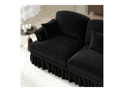 Sofá chesterfield 2 plazas en felpa negro - con 2 otomanas y 2 cojines - falda desmontable - 194x140x93cm