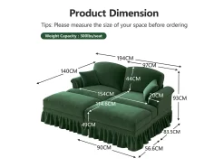 Sofá chesterfield 2 plazas en felpa verde - con 2 otomanas y 2 cojines - falda desmontable - 194x140x93cm