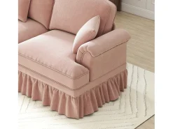 Sofá chesterfield 2 plazas en felpa rosa - con 2 otomanas y 2 cojines - falda desmontable - 194x140x93cm