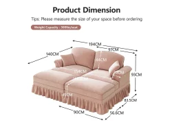 Sofá chesterfield 2 plazas en felpa rosa - con 2 otomanas y 2 cojines - falda desmontable - 194x140x93cm