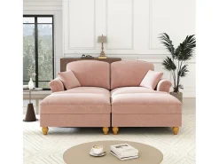 Sofá chesterfield 2 plazas en felpa rosa - con 2 otomanas y 2 cojines - falda desmontable - 194x140x93cm