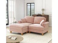 Sofá chesterfield 2 plazas en felpa rosa - con otomana y 2 cojines - falda desmontable - 194x140x93cm