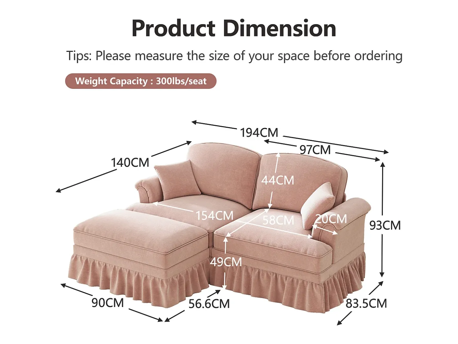 Sofá chesterfield 2 plazas en felpa rosa - con otomana y 2 cojines - falda desmontable - 194x140x93cm