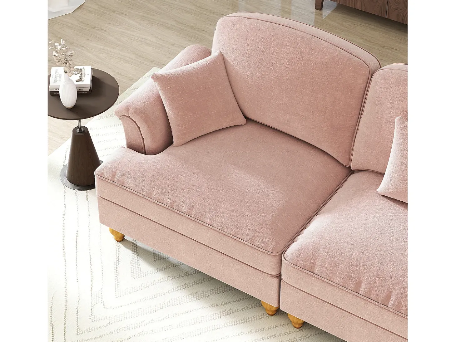 Sofá chesterfield 2 plazas en felpa rosa - con otomana y 2 cojines - falda desmontable - 194x140x93cm