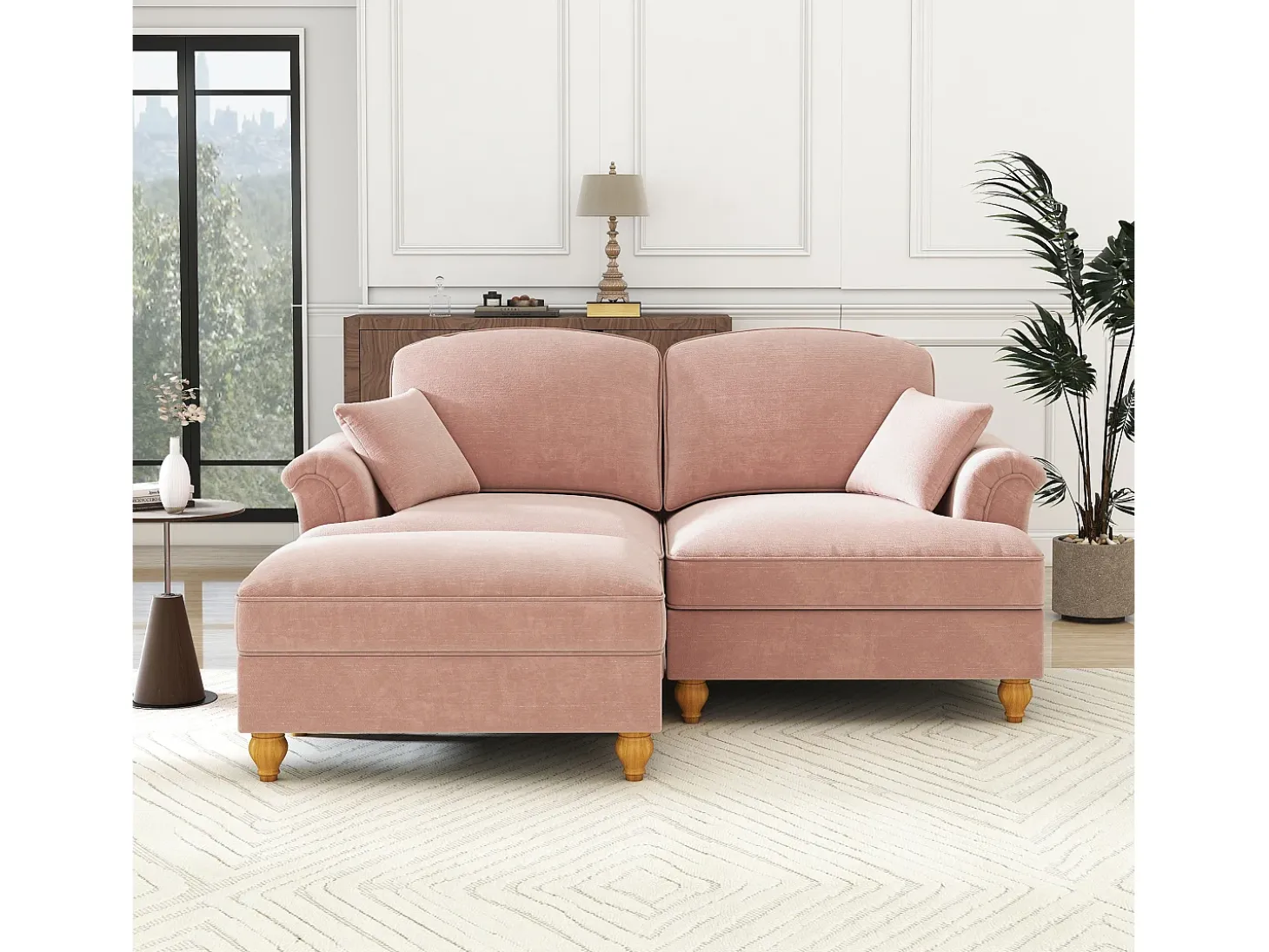 Sofá chesterfield 2 plazas en felpa rosa - con otomana y 2 cojines - falda desmontable - 194x140x93cm