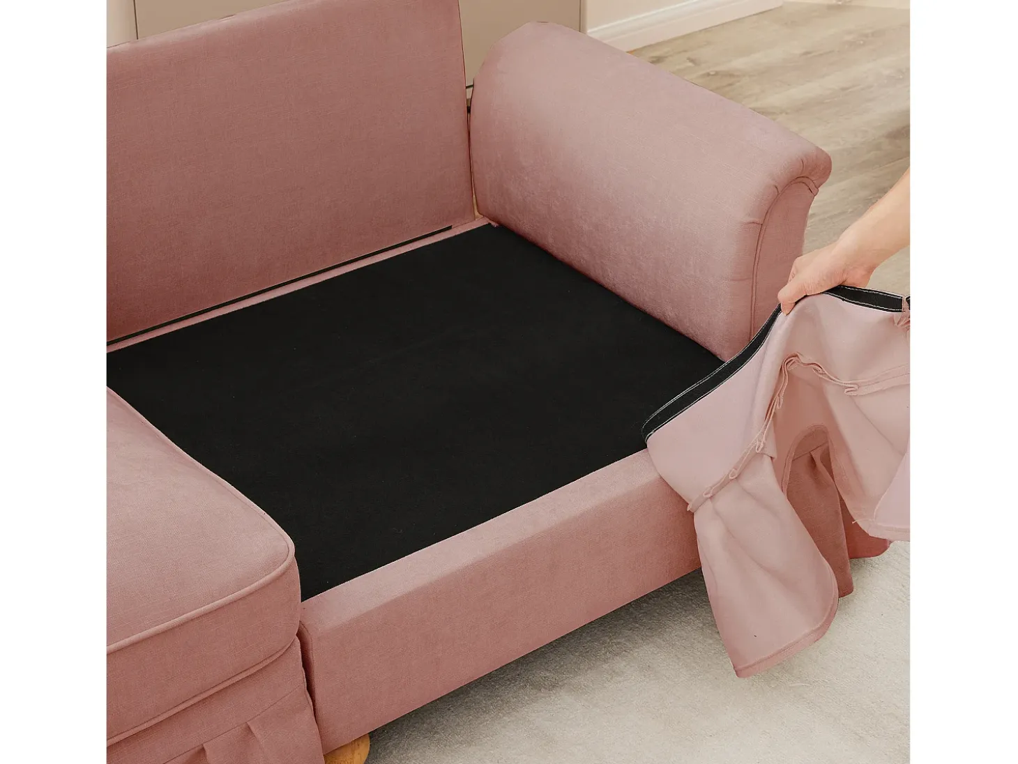 Sofá chesterfield 2 plazas en felpa rosa - con otomana y 2 cojines - falda desmontable - 194x140x93cm