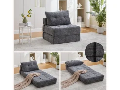 Sofá convertible con cojines lumbares y reposacabezas, chenilla gris - para salón y dormitorio