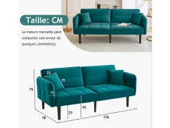 Sofá convertible de 2 plazas en terciopelo azul turquesa, respaldo y reposabrazos regulables, para salón u oficina