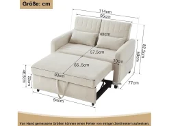 Sofá convertible doble 114 x 77 x 82.5 cm - respaldo ajustable en tres niveles - tejido de algodón y lino - beige