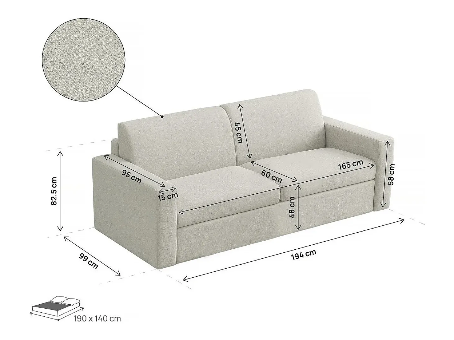 Sofá convertible Express "Diana" de tela - Zona de descanso de 140 cm - 3 plazas - Beige