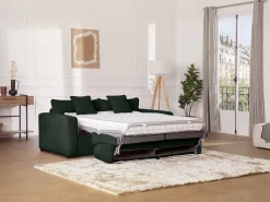 Sofá convertible Express MONDOVI en pana verde, superficie de descanso de 160 cm, colchón de 16 cm