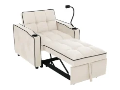 Sofá convertible individual de terciopelo beige con soporte para teléfono y portavasos, ideal para salón y dormitorio
