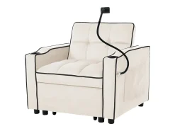 Sofá convertible individual de terciopelo beige con soporte para teléfono y portavasos, ideal para salón y dormitorio
