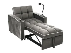 Sofá convertible individual de terciopelo gris oscuro con soporte para teléfono y portavasos, ideal para salón y dormitorio