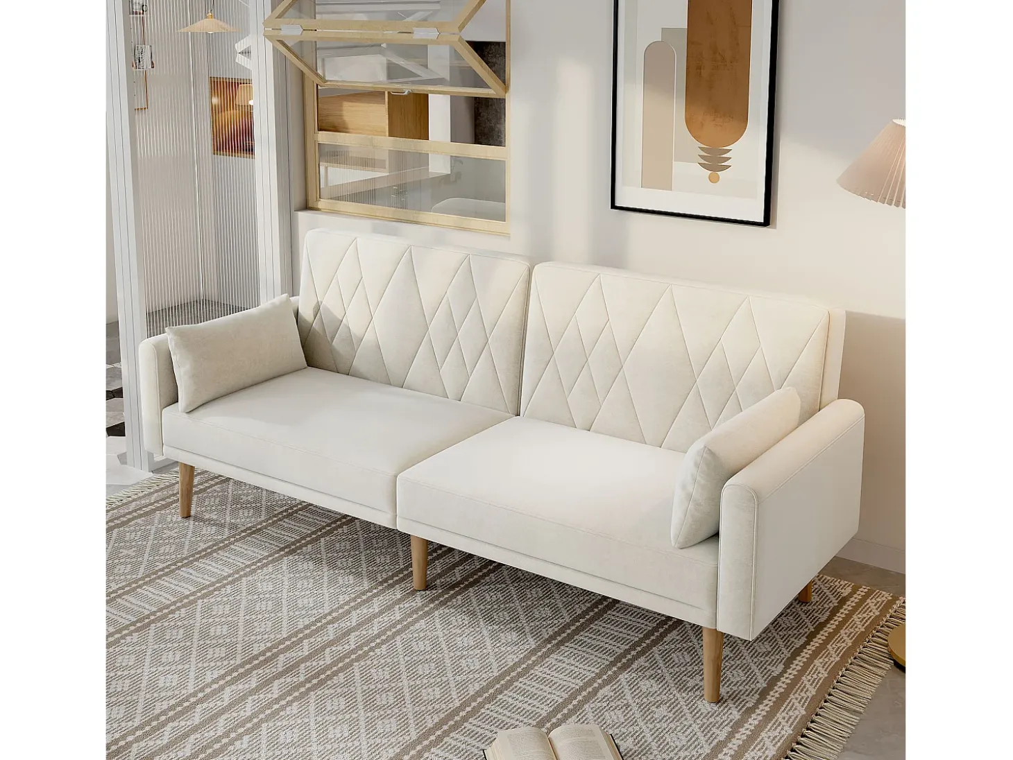 Sofá de 2 plazas - 180 x 75 x 82 cm - Sofá cama convertible - respaldo ajustable - terciopelo - beige
