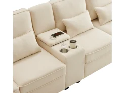 Sofá de 4 plazas - Sofá con 2 portavasos y 2 cargadores USB - bolsillos en los reposabrazos y 4 almohadas - lino beige