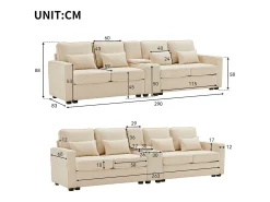 Sofá de 4 plazas - Sofá con 2 portavasos y 2 cargadores USB - bolsillos en los reposabrazos y 4 almohadas - lino beige