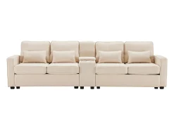 Sofá de 4 plazas - Sofá con 2 portavasos y 2 cargadores USB - bolsillos en los reposabrazos y 4 almohadas - lino beige