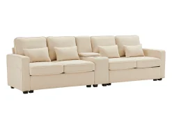 Sofá de 4 plazas - Sofá con 2 portavasos y 2 cargadores USB - bolsillos en los reposabrazos y 4 almohadas - lino beige