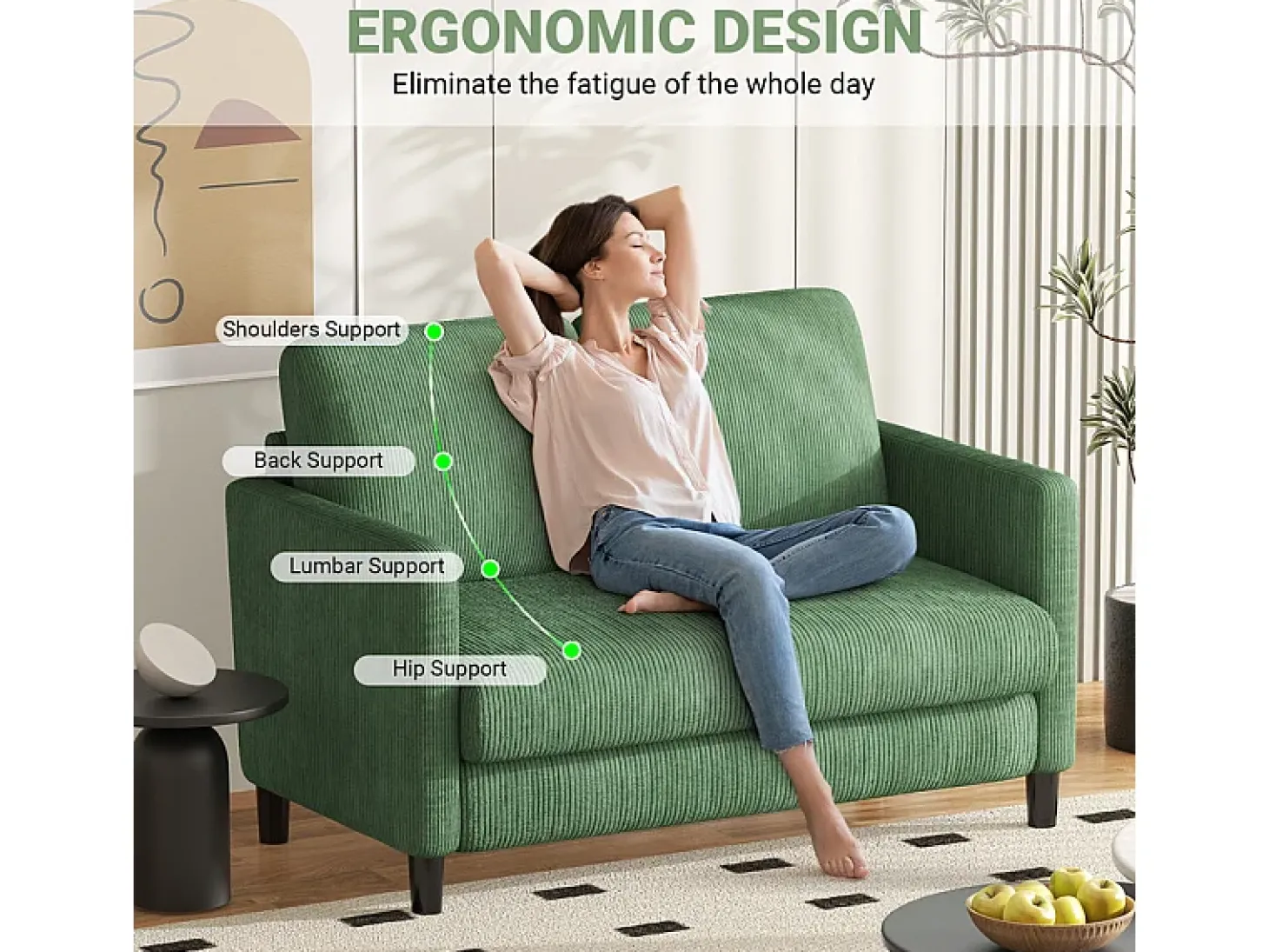 Sofá de 2 plazas cómodo en terciopelo acanalado Verde - 58cm de profundidad de asiento - carga máxima 300kg - 129x78x89cm