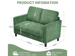 Sofá de 2 plazas cómodo en terciopelo acanalado Verde - 58cm de profundidad de asiento - carga máxima 300kg - 129x78x89cm
