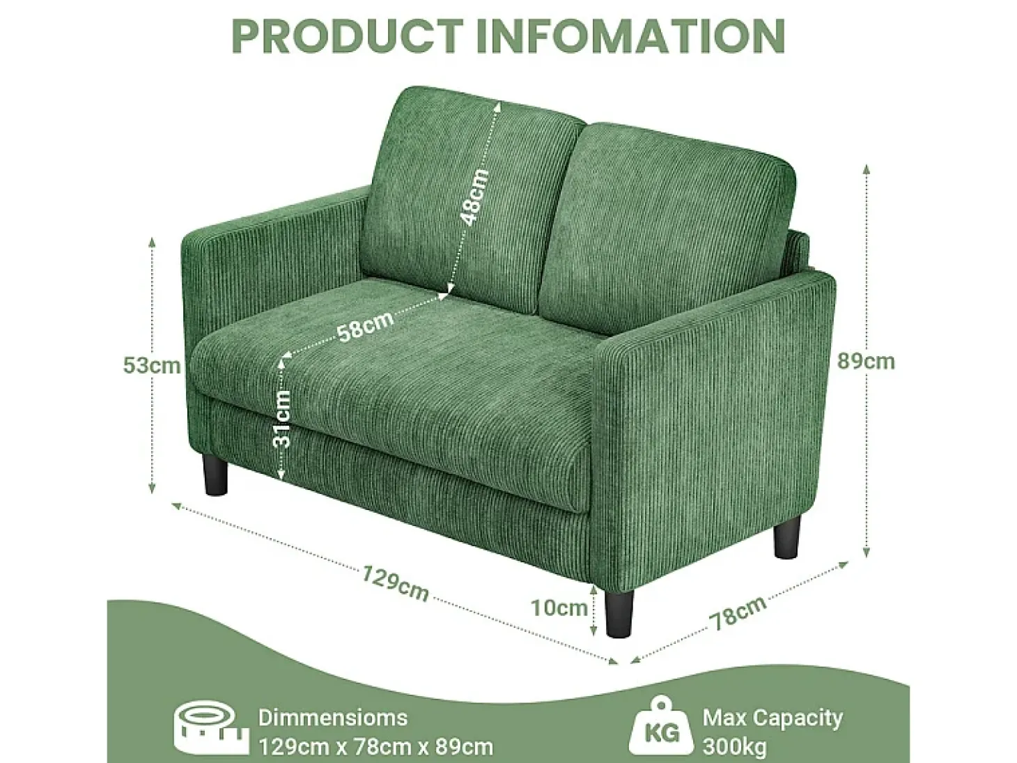 Sofá de 2 plazas cómodo en terciopelo acanalado Verde - 58cm de profundidad de asiento - carga máxima 300kg - 129x78x89cm