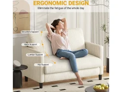 Sofá de 2 plazas cómodo en terciopelo acanalado Beige - 58cm de profundidad de asiento - carga máxima 300kg - 129x78x89cm