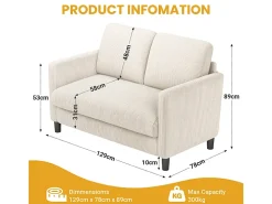 Sofá de 2 plazas cómodo en terciopelo acanalado Beige - 58cm de profundidad de asiento - carga máxima 300kg - 129x78x89cm