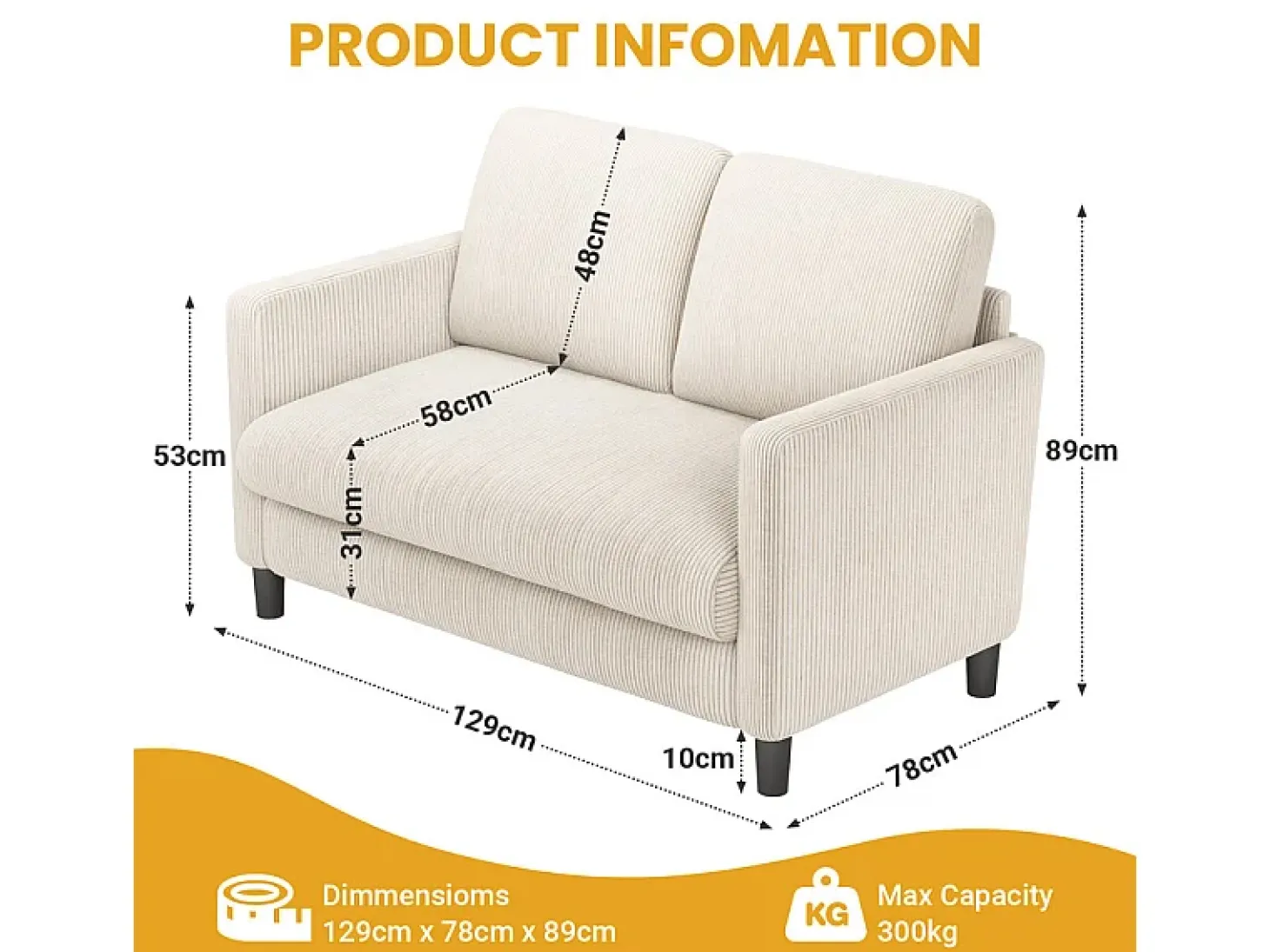 Sofá de 2 plazas cómodo en terciopelo acanalado Beige - 58cm de profundidad de asiento - carga máxima 300kg - 129x78x89cm