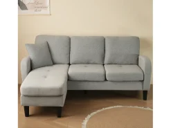 Sofá de 3 plazas con chaise longue – Sofá esquinero con bolsillos laterales – Tejido de algodón y lino gris