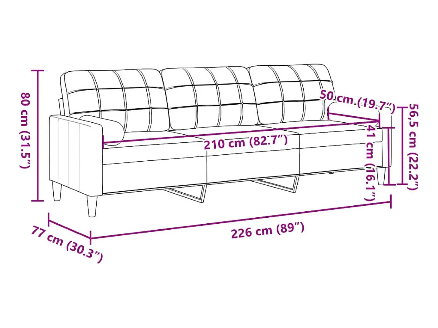 Sofá de 3 plazas con cojines terciopelo rosa 210 cm