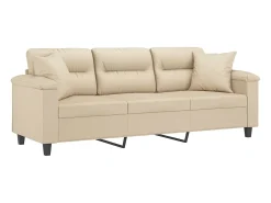 Sofá de 3 plazas con cojines tela microfibra color crema 180 cm