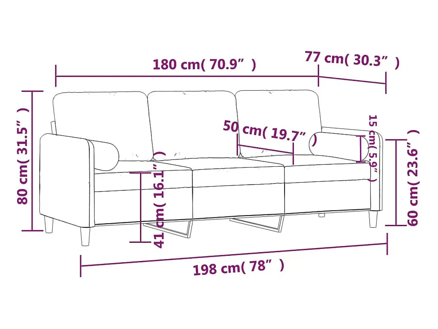 Sofá de 3 plazas con cojines terciopelo rosa 180 cm
