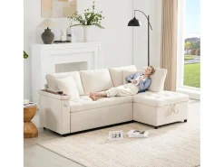 Sofá de 3 plazas con función cama - Sofá esquinero con dos cojines y reposabrazos - con almacenaje - chenilla beige