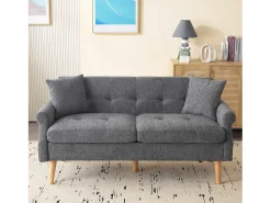 Sofá de 2 plazas con reposabrazos y cojines, chenilla gris, patas de madera - para salón y dormitorio