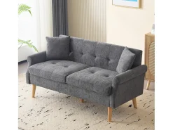Sofá de 2 plazas con reposabrazos y cojines, chenilla gris, patas de madera - para salón y dormitorio