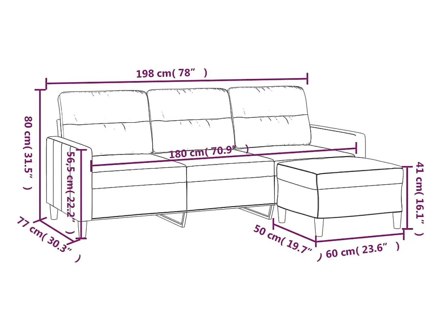 Sofá de 3 plazas con taburete de tela crema 180 cm
