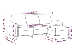 Sofá de 3 plazas con taburete de terciopelo crema 180 cm