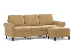 Sofá de 3 plazas con taburete de terciopelo marrón 180 cm