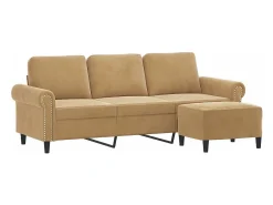 Sofá de 3 plazas con taburete de terciopelo marrón 180 cm