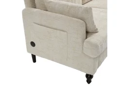 Sofá de 2 plazas de chenilla beige - Sofá recto con almacenaje e iluminación LED - Puerto de carga USB y patas de madera