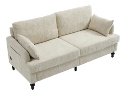 Sofá de 2 plazas de chenilla beige - Sofá recto con almacenaje e iluminación LED - Puerto de carga USB y patas de madera