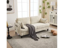 Sofá de 2 plazas de chenilla beige - Sofá recto con almacenaje e iluminación LED - Puerto de carga USB y patas de madera