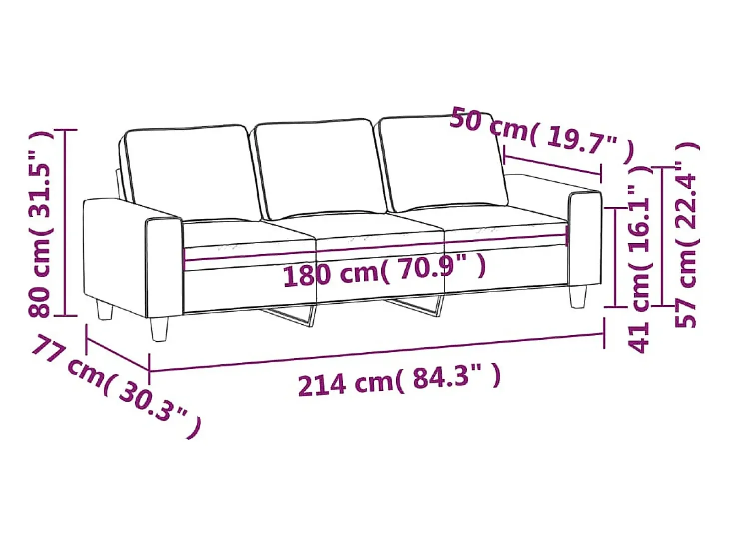 Sofá de 3 plazas de tela crema 180 cm