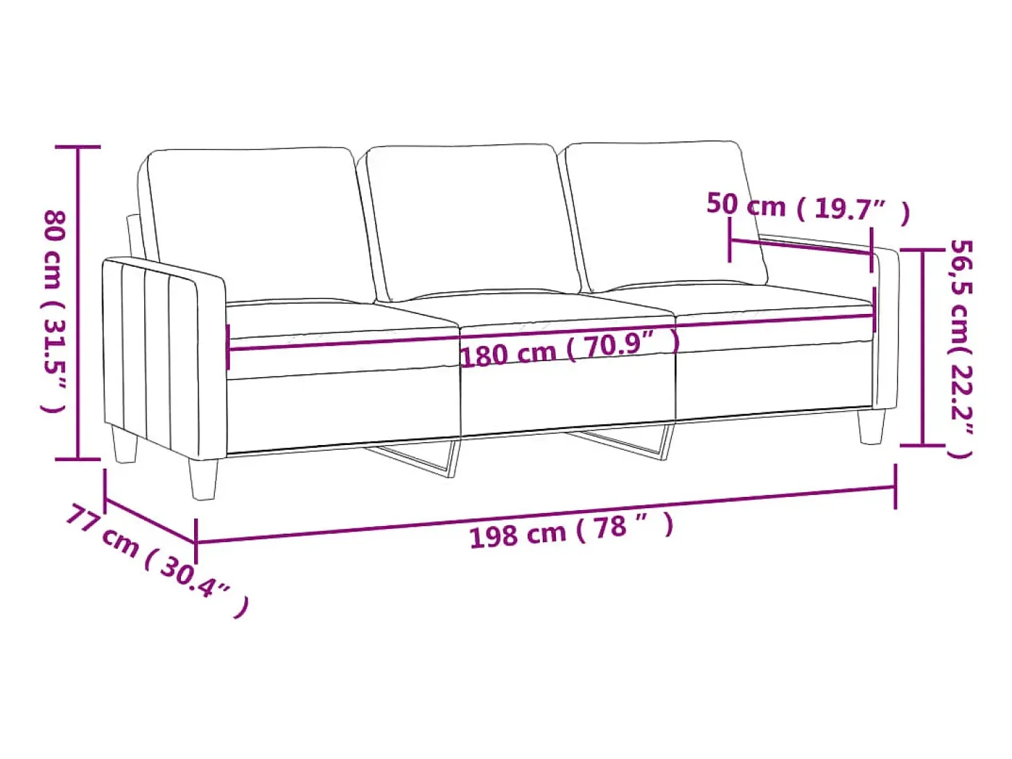 Sofá de 3 plazas de tela crema 180 cm